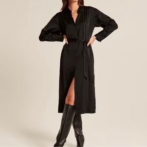 Abercrombie & Fitch Long-Sleeve Satin Midi Shirt Dress